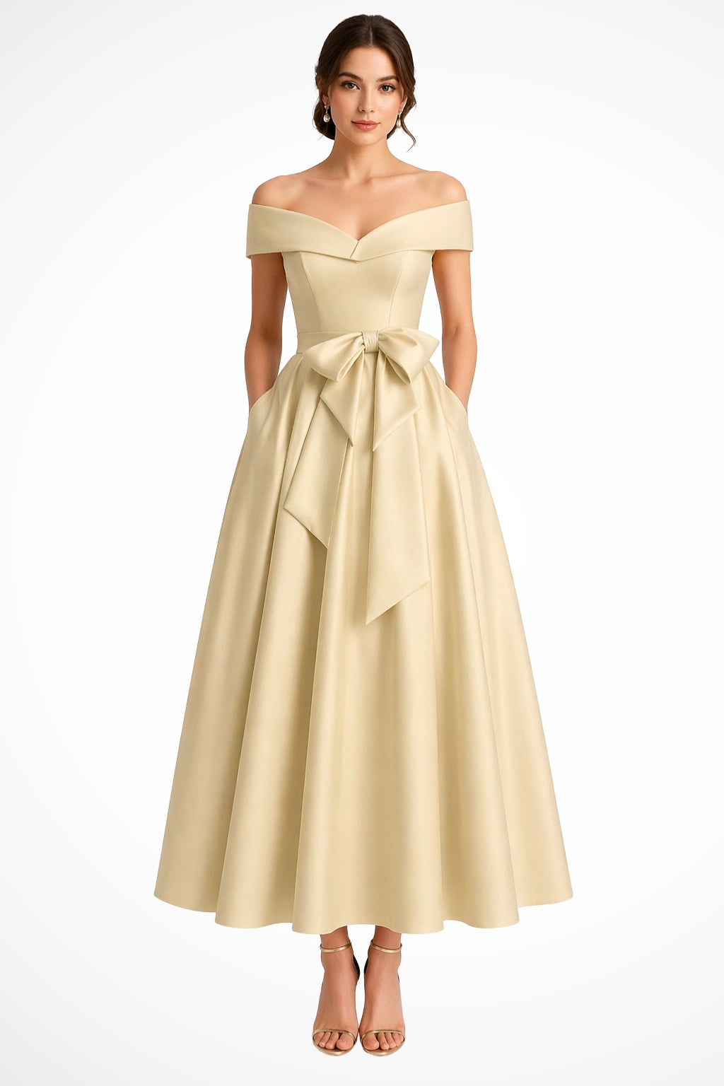 Bailey™ | Vestido midi de dama de honor con hombros descubiertos y cinturón