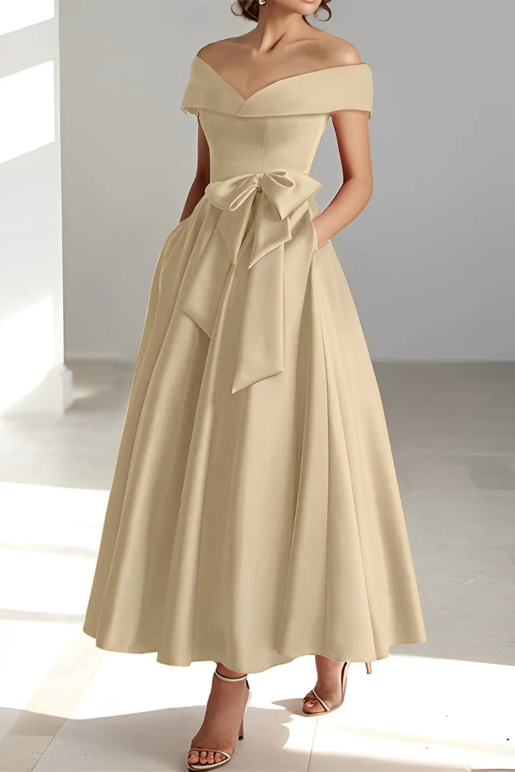 Bailey™ | Vestido midi de dama de honor con hombros descubiertos y cinturón