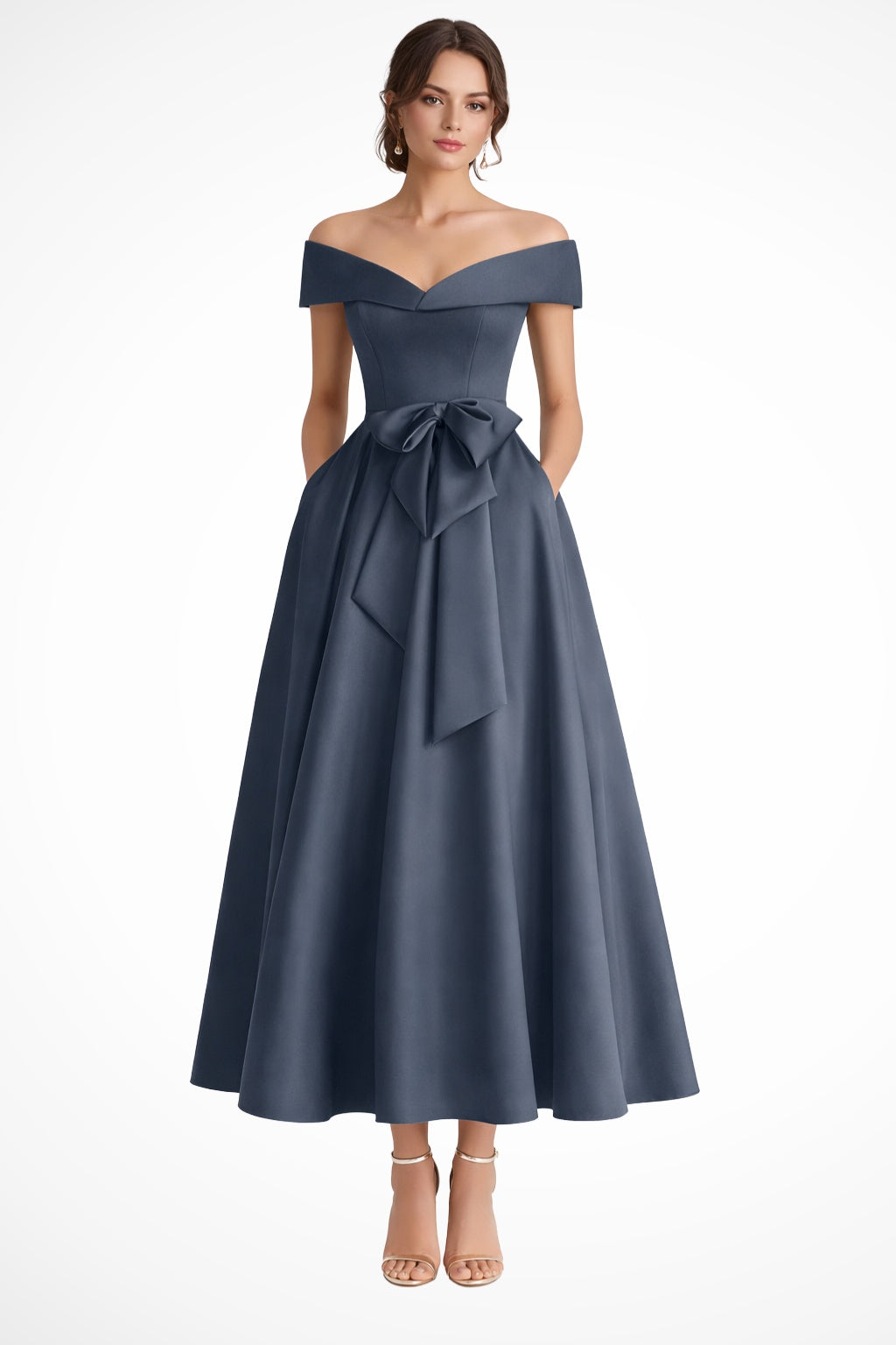 Bailey™ | Vestido midi de dama de honor con hombros descubiertos y cinturón