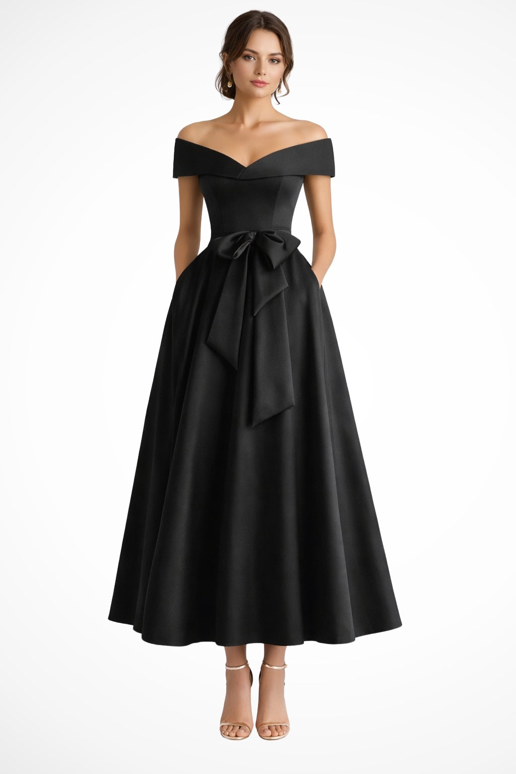 Bailey™ | Vestido midi de dama de honor con hombros descubiertos y cinturón