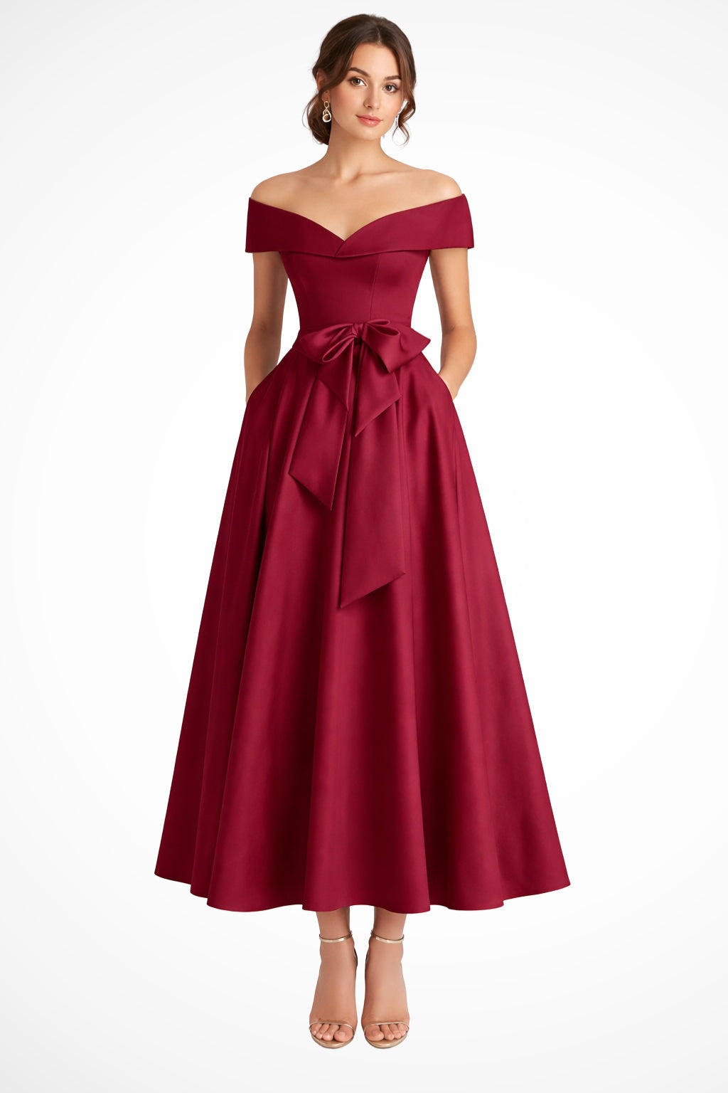 Bailey™ | Vestido midi de dama de honor con hombros descubiertos y cinturón