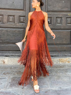 Brianna™ | Vestido largo de fiesta con flecos y cuello halter