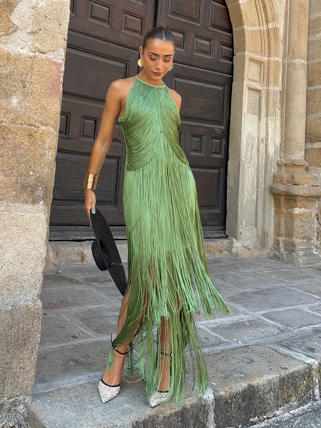 Brianna™ | Vestido largo de fiesta con flecos y cuello halter