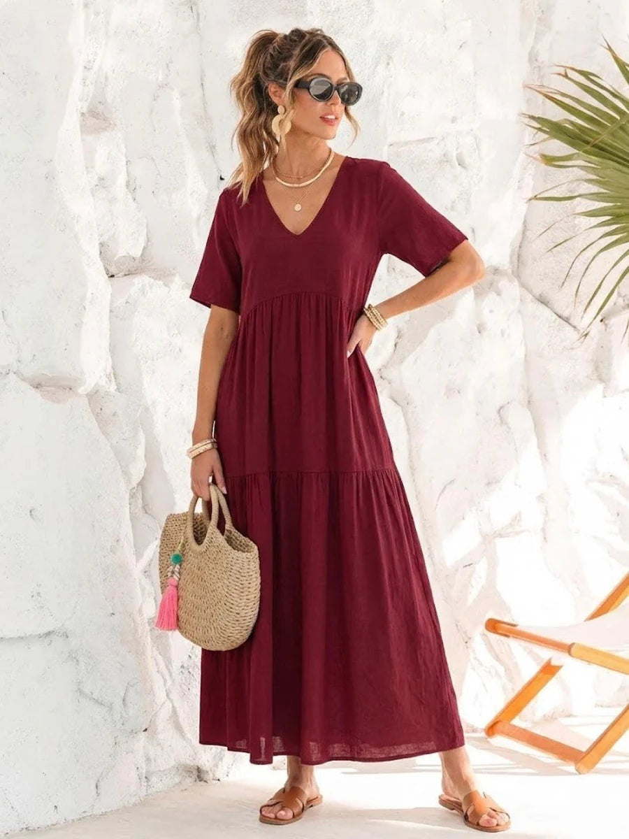 Alexandra™ | Vestido largo de fiesta con escote de pico y volantes
