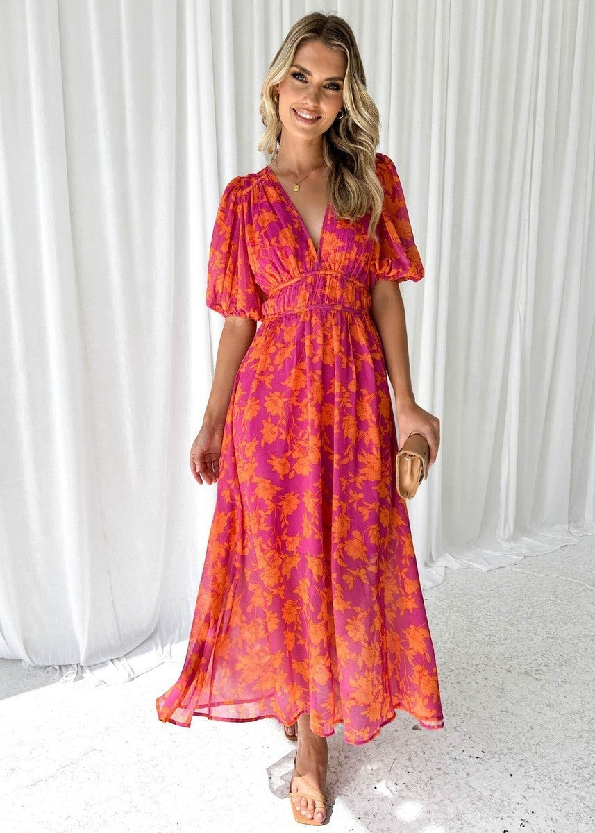 Natalia™ | Vestido largo de invitada estampado con escote en V