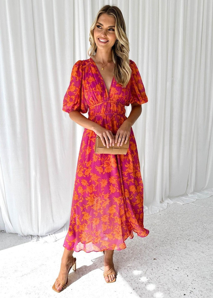 Natalia™ | Vestido largo de invitada estampado con escote en V