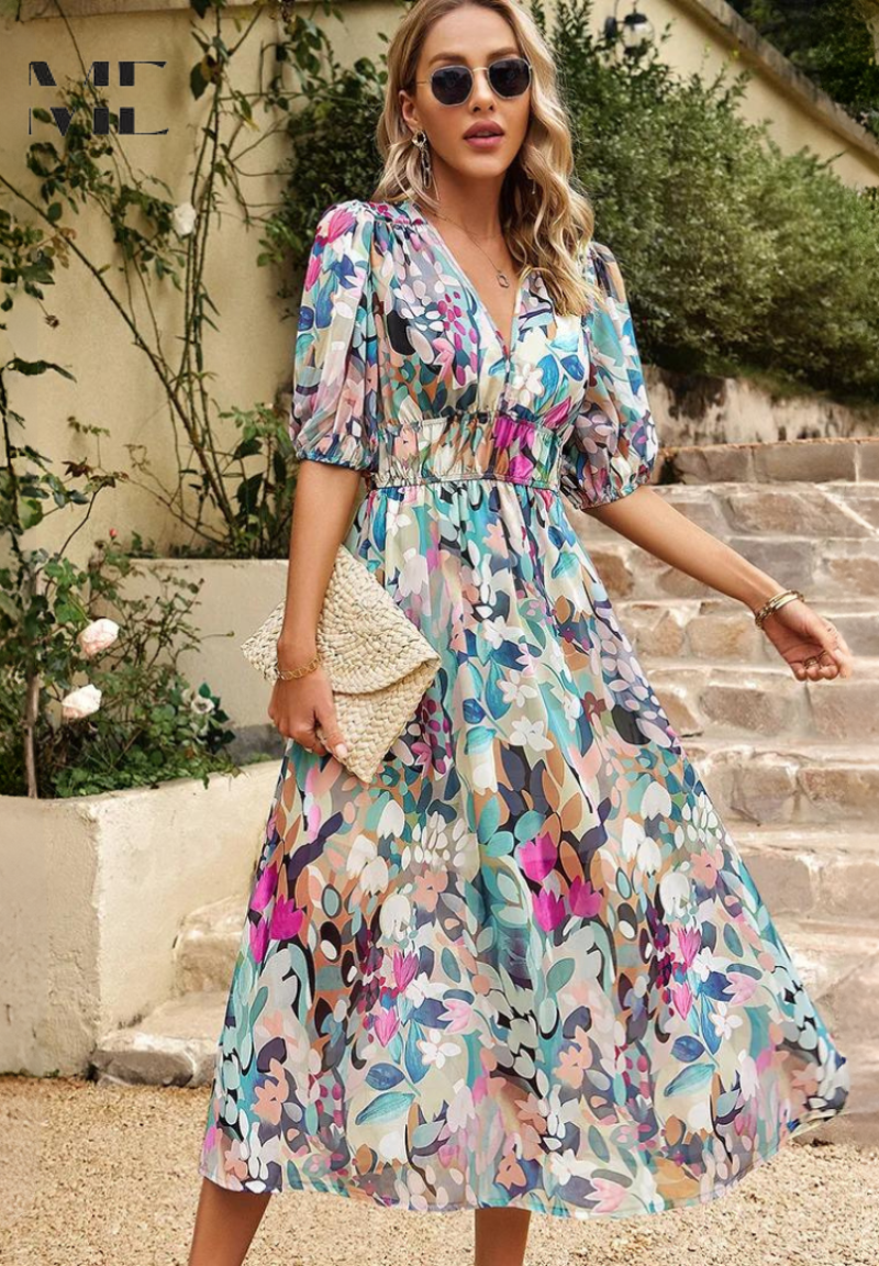 Annabelle™ | Vestido midi floral de invitada con escote de pico