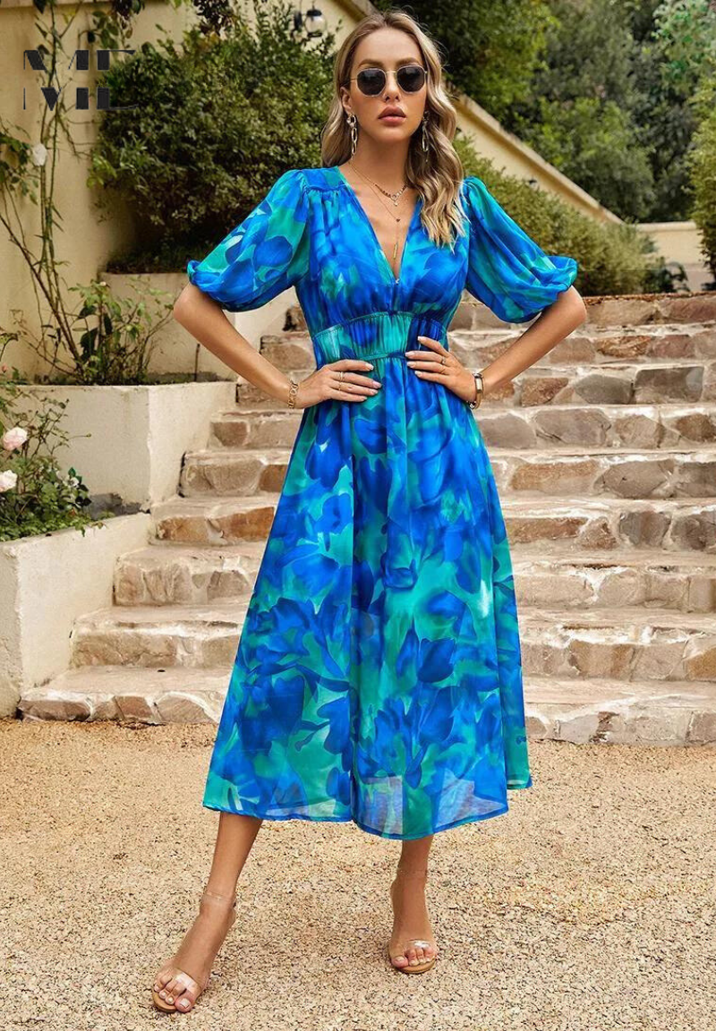 Annabelle™ | Vestido midi floral de invitada con escote de pico
