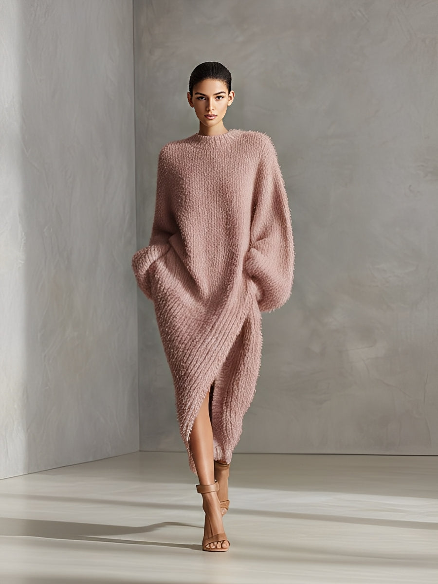 Andrea™ | Vestido midi de punto asimétrico efecto visón en crema