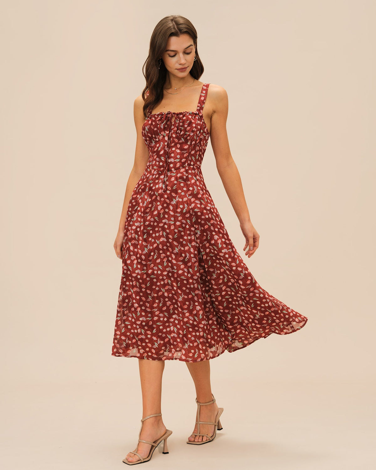 Valentina vestido midi lencero floral burdeos con tirantes