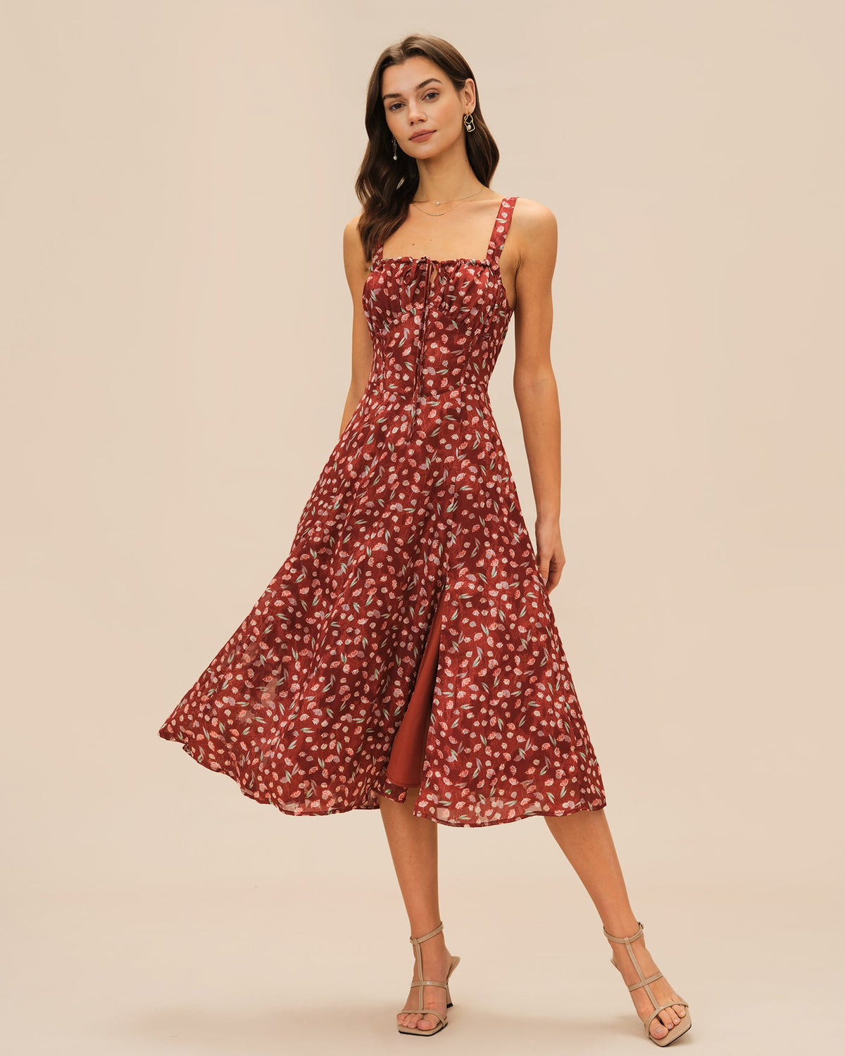 Valentina vestido midi lencero floral burdeos con tirantes