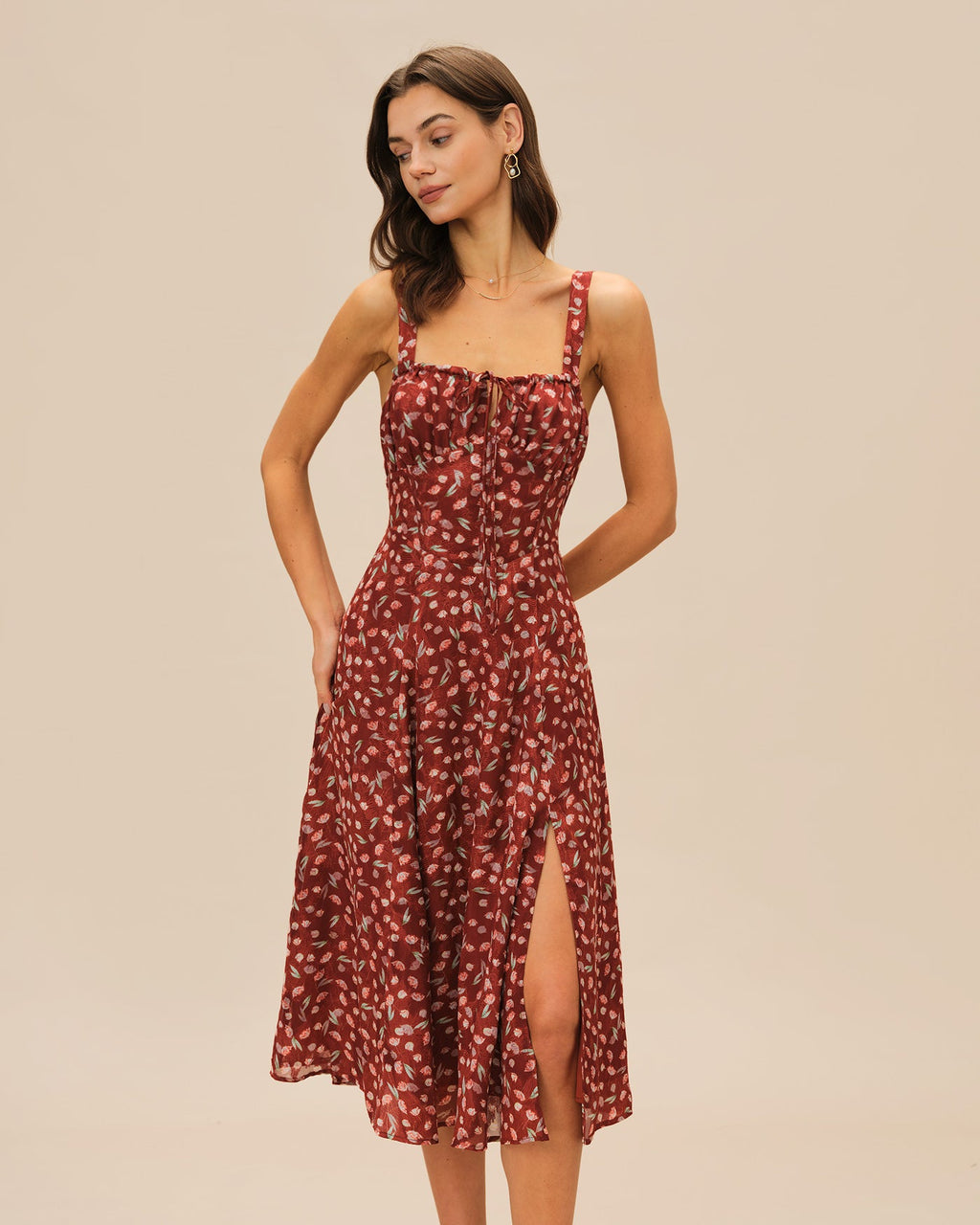 Valentina vestido midi lencero floral burdeos con tirantes