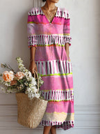 Sophie™ | Vestido midi boho de lino estampado con escote en V